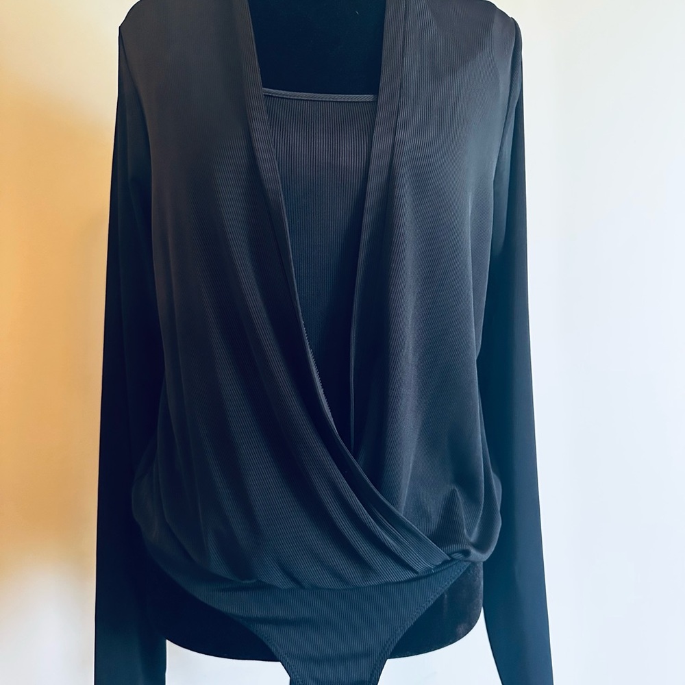 BCBGMaxAzria Draped Black Bodysuit